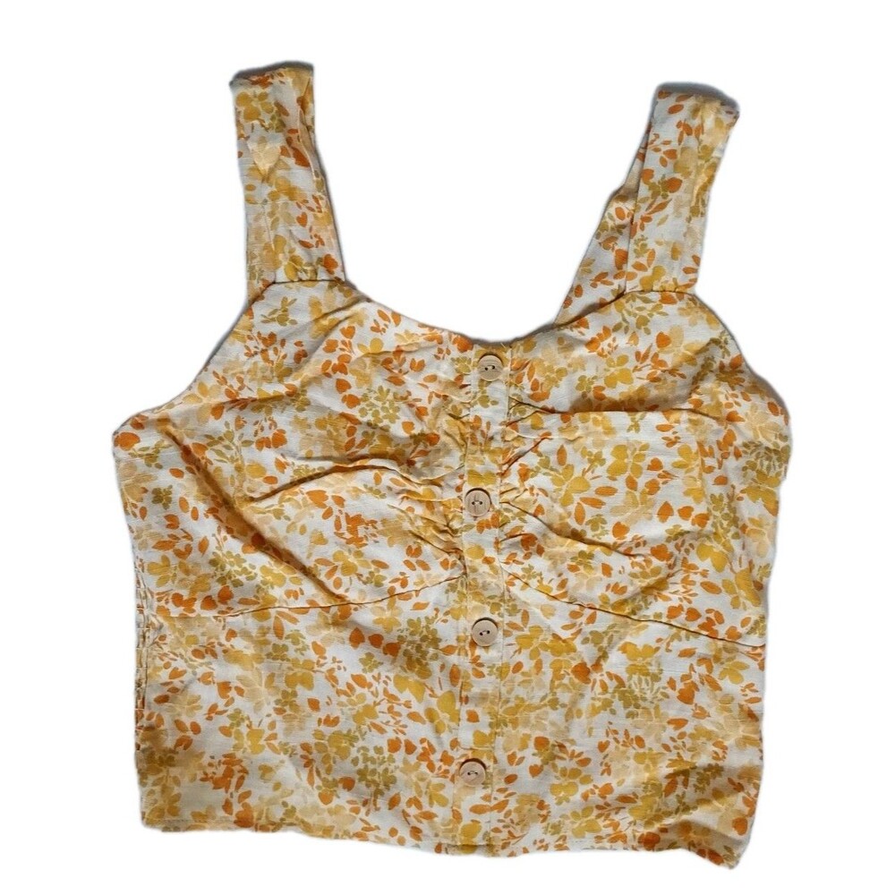 NWT Monteau Ladies Yellow Floral Linen Blend Cropped Button Front Tank Size L